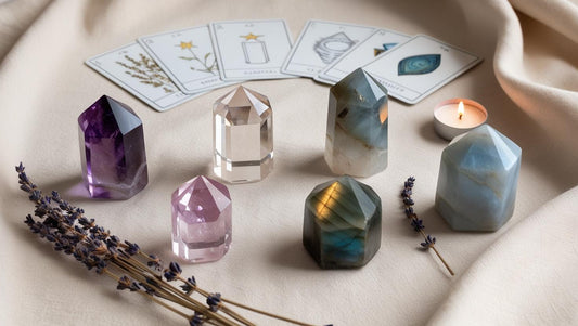 ChatGPT said: Tarot cards surrounded by glowing crystals and candles on a soft fabric background.